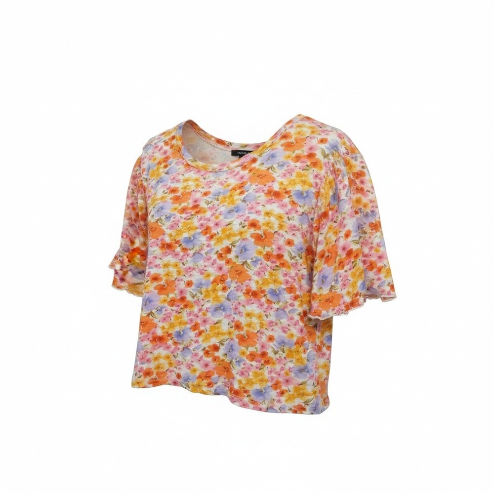 Forever 21 Floral Crop Top Medium Orange Pink Purple Flutter Sleeve Lettuce Trim